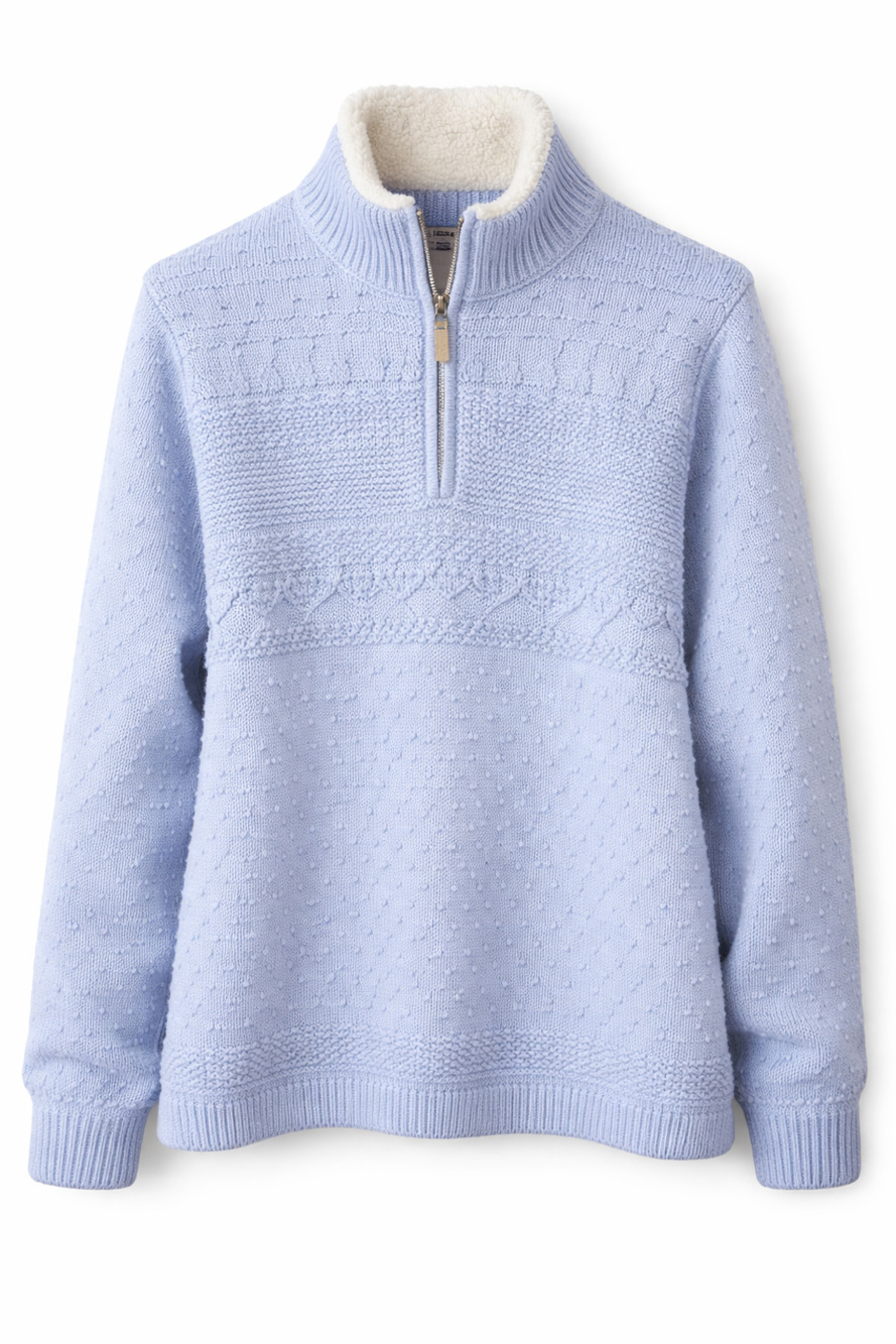 Vintage Croft & Barrow Women Blue Knit Quarter Zip Sweater Sherpa Lined Collar L